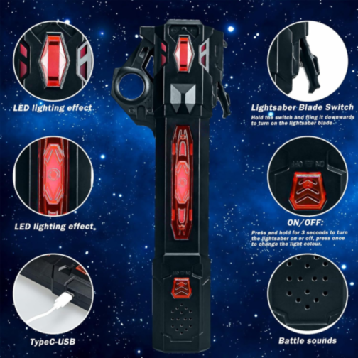 Sabie Telescopică cu Lumini Colorate și Sunete – Baterie Reîncărcabilă USB