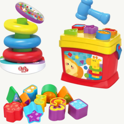 Set Educativ 2 în 1: Sortator de Forme și Piramidă cu Inele