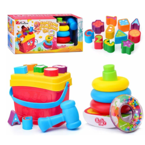 Set Educativ 2 în 1: Sortator de Forme și Piramidă cu Inele