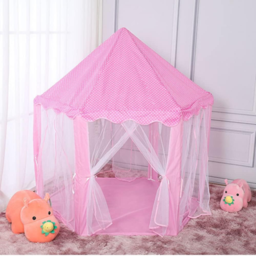 Căsuță de Joacă Tip Cort Roz pentru Copii, Design de Castel cu Plasă și Decor de Prințesă