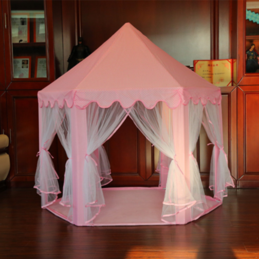 Căsuță de Joacă Tip Cort Roz pentru Copii, Design de Castel cu Plasă și Decor de Prințesă