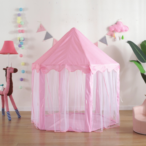 Căsuță de Joacă Tip Cort Roz pentru Copii, Design de Castel cu Plasă și Decor de Prințesă