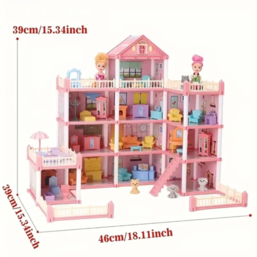 Casă de păpuși vilă roz 4 etaje, 245 piese