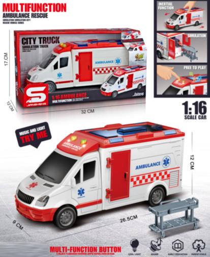 Ambulanță cu Sunete și Lumini, Pat de Urgență, Ușile se Deschid