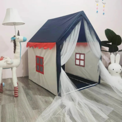 Căsuță de Joacă Tip Cort pentru Copii, cu Acoperiș Albastru și Draperii din Tulle | image