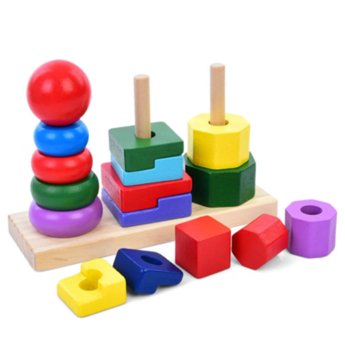 Turnuri Montessori din Lemn – Sortare, Stivuire și Forme Geometrice