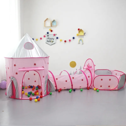 Set Cort Castel cu Tunel și Piscină de Bile, Roz, pentru Copii, Interior și Exterior