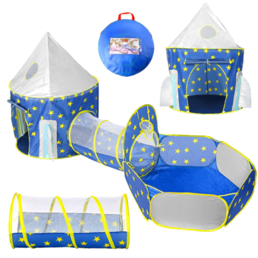 Set Cort de Joacă 3 în 1 pentru Copii, Castel Albastru cu Tunel și Piscină de Bile, Interior și Exterior