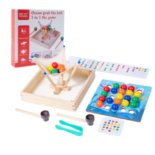 Joc Montessori din Lemn 3 în 1 – Prinde, Sortează și Potrivește Bile Colorate