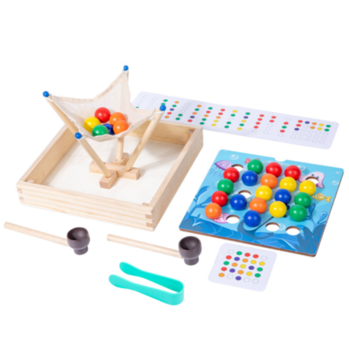 Joc Montessori din Lemn 3 în 1 – Prinde, Sortează și Potrivește Bile Colorate