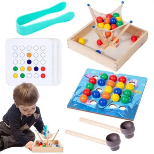 Joc Montessori din Lemn 3 în 1 – Prinde, Sortează și Potrivește Bile Colorate