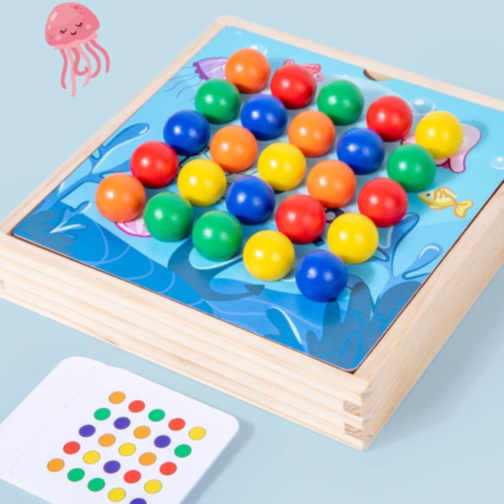 Joc Montessori din Lemn 3 în 1 – Prinde, Sortează și Potrivește Bile Colorate