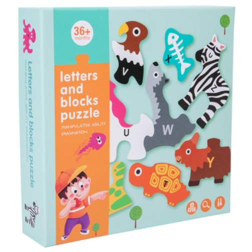 Puzzle din Lemn cu Animale și Alfabet – Joc Educativ