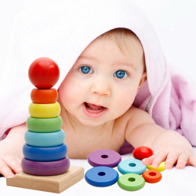 Turn de stivuire curcubeu din lemn - Joc educativ | image