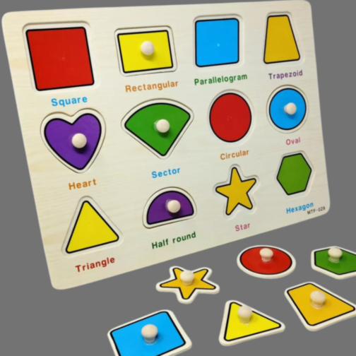 Puzzle din Lemn cu Forme Geometrice și Tablă de Scris