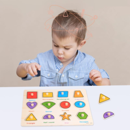 Puzzle din Lemn cu Forme Geometrice și Tablă de Scris