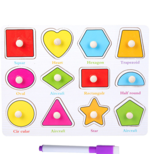 Puzzle din Lemn cu Forme Geometrice și Tablă de Scris