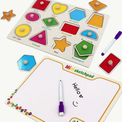 Puzzle din Lemn cu Forme Geometrice și Tablă de Scris | image