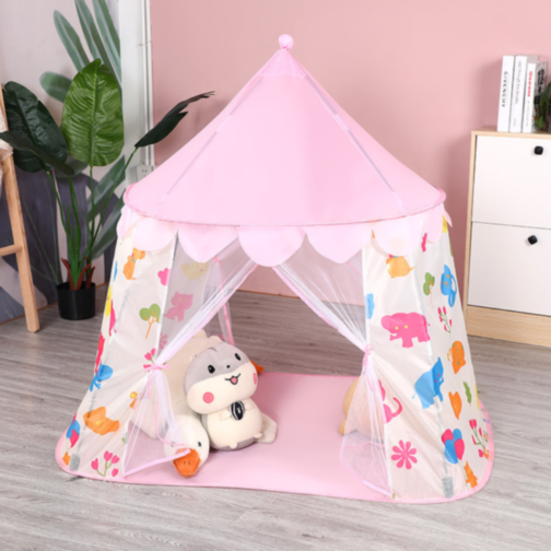 Căsuță de Joacă Roz Tip Cort pentru Copii, Model Animale Colorate, 125 cm
