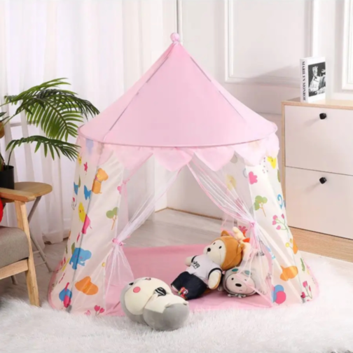 Căsuță de Joacă Roz Tip Cort pentru Copii, Model Animale Colorate, 125 cm
