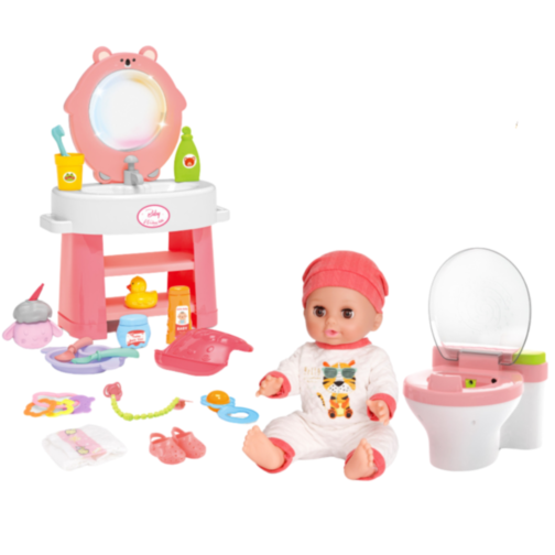 Păpușă Interactivă cu Toaletă și Chiuvetă cu Lumini și Sunete – Set Complet de Îngrijire 2 în 1