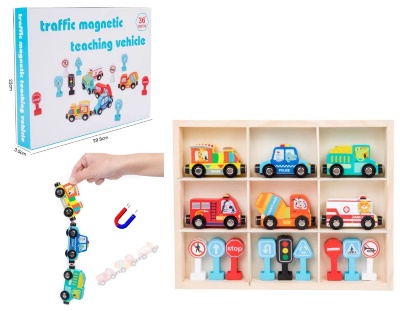 Trenuleț din lemn cu Vagoane Magnetice Vehicule și Semne de Circulație | image