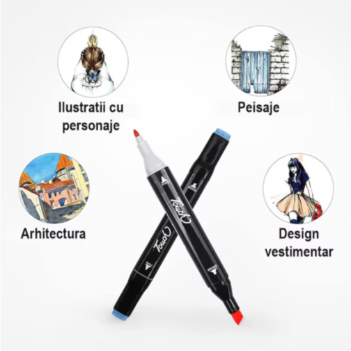 Set de 60 Markere Colorate Dublu Vârf cu Husă Practică