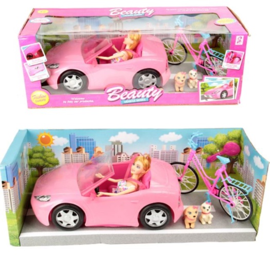 Set Papușa cu Masină, Bicicletă și Cățeluși 