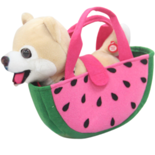 Cățeluș pluş cu geantă pepene și sunete interactive