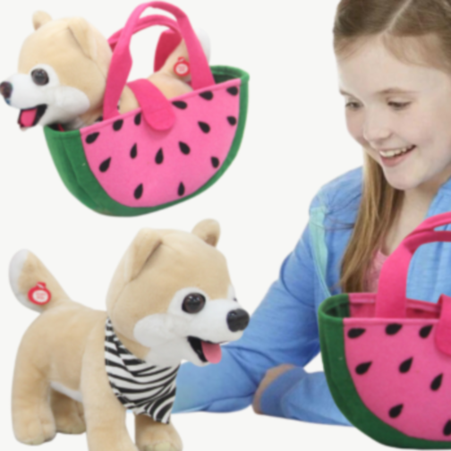 Cățeluș pluş cu geantă pepene și sunete interactive
