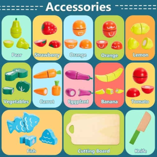 Set Fructe și Legume din Lemn de Tăiat – 27 piese