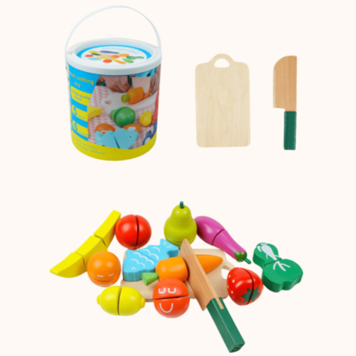 Set Fructe și Legume din Lemn de Tăiat – 27 piese