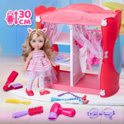 Păpușă Fashion 30 cm cu Dulap și 3 Ținute – Set de Coafat și Accesorii pentru Fetițe | image