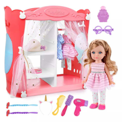Păpușă Fashion 30 cm cu Dulap și 3 Ținute – Set de Coafat și Accesorii pentru Fetițe
