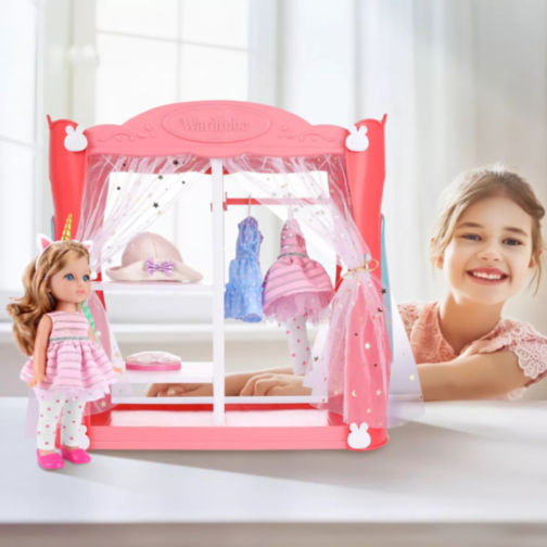 Păpușă Fashion 30 cm cu Dulap și 3 Ținute – Set de Coafat și Accesorii pentru Fetițe
