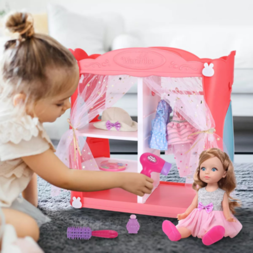 Păpușă Fashion 30 cm cu Dulap și 3 Ținute – Set de Coafat și Accesorii pentru Fetițe