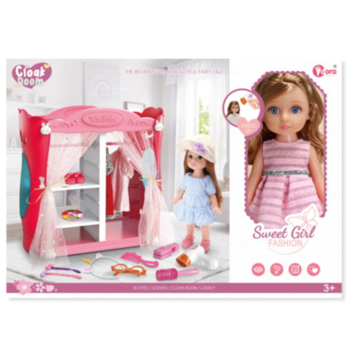 Păpușă Fashion 30 cm cu Dulap și 3 Ținute – Set de Coafat și Accesorii pentru Fetițe