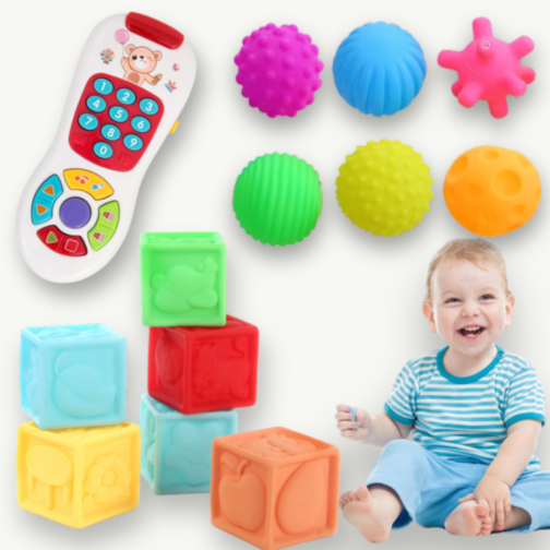 Set interactiv de jucării pentru bebeluși - Cuburi, mingi și telecomandă muzicală