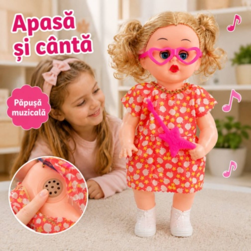 Păpușă muzicală cu ochelari, chitară și ochi mobili
