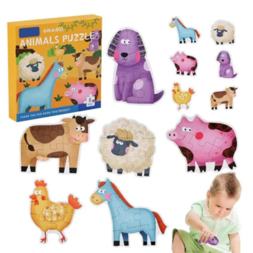 Puzzle educativ 6 în 1 - Animale de fermă cu piese mari