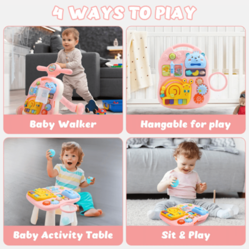 Premergător Muzical 3-în-1 pentru Bebeluși | Activități Educative și Masă de Joacă - Roz  