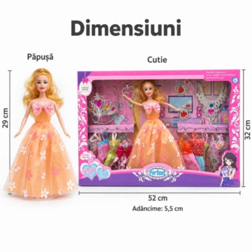 Set păpușă cu rochițe și bijuterii de prințesă, 29 cm