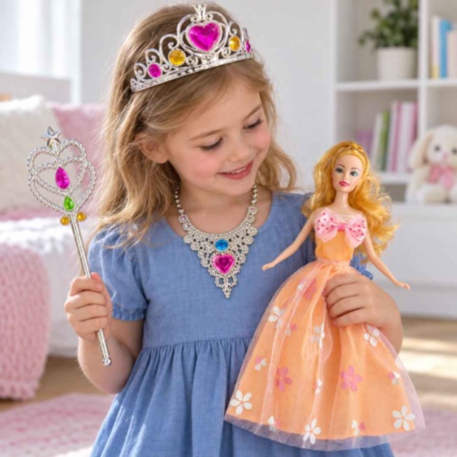 Set păpușă cu rochițe și bijuterii de prințesă, 29 cm