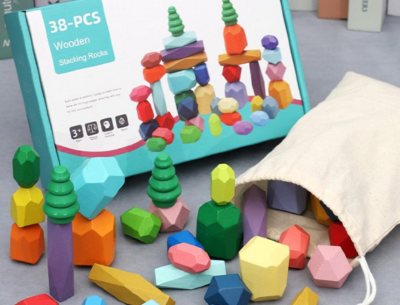 Set Pietre de Construcție și Echilibru din Lemn - Rainbow Stones Building, 38 Piese | image