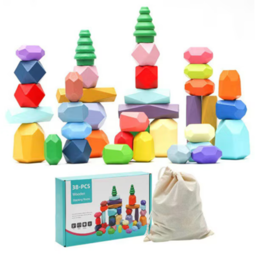 Set Pietre de Construcție și Echilibru din Lemn - Rainbow Stones Building, 38 Piese