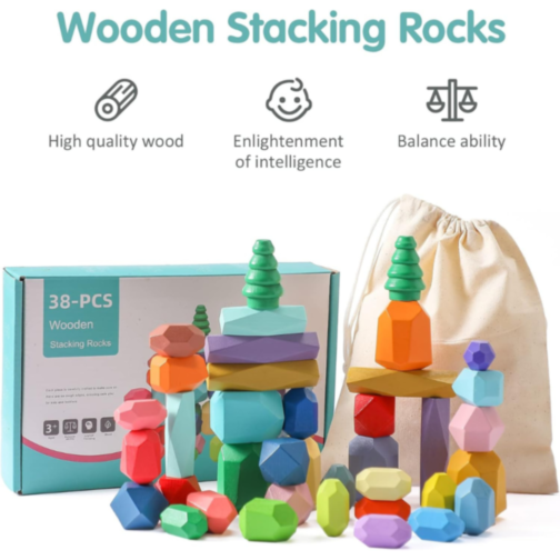 Set Pietre de Construcție și Echilibru din Lemn - Rainbow Stones Building, 38 Piese