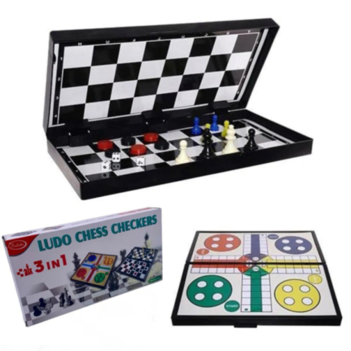 Set 3 în 1 Jocuri de Societate - Șah, Dame și Ludo