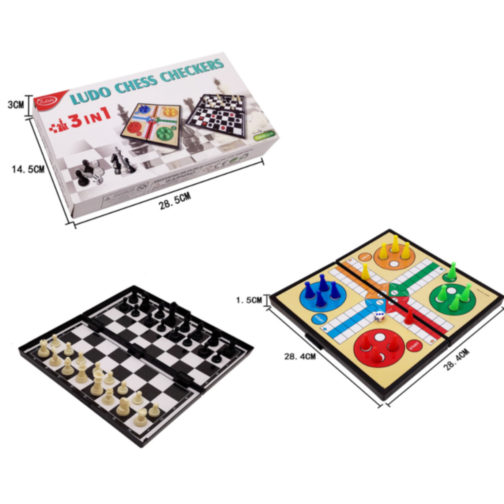 Set 3 în 1 Jocuri de Societate - Șah, Dame și Ludo
