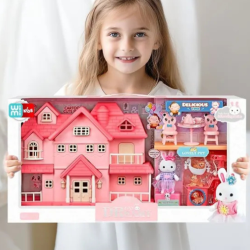 Vilă Roz Interactivă cu Figurine și Mobilier – Set de Joacă pentru Fetițe