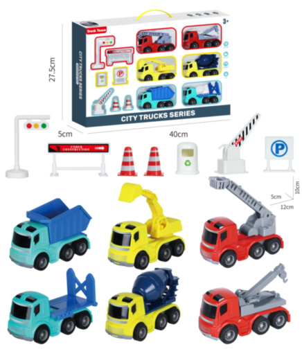 Set 6 Mașini de Construcție cu Semne Rutiere